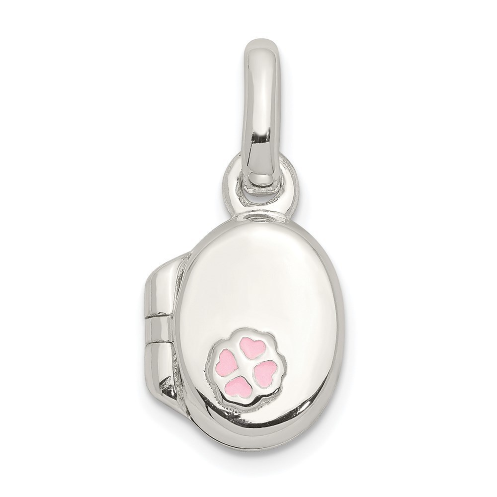Sterling Silver Pink Enamel Clover Shamrock Oval Locket Children's Charm Pendant